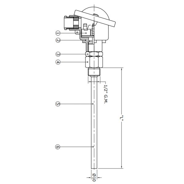 Thermokoppel type: K met DIN-B behuizing incl. RVS seperate dompelbuis TCK - Billede 2